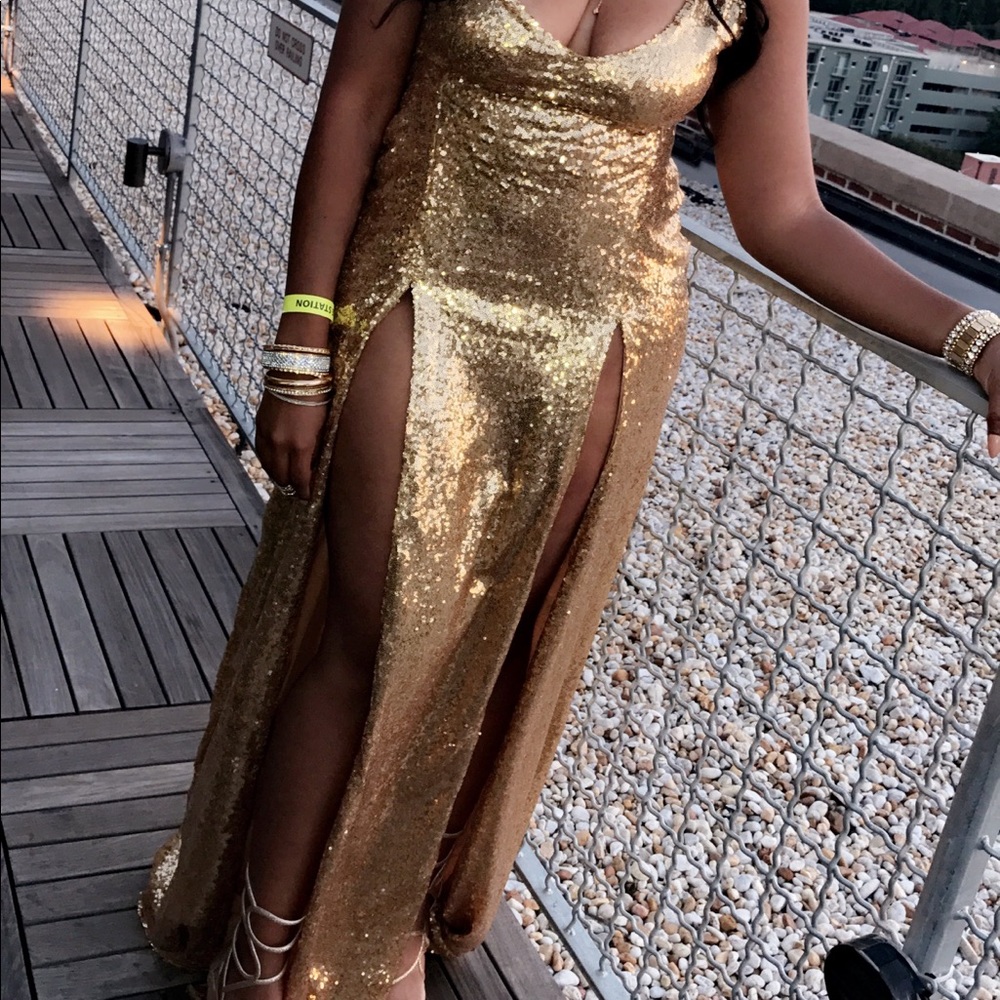 Gold sequin double split / slit Evening dress/gown